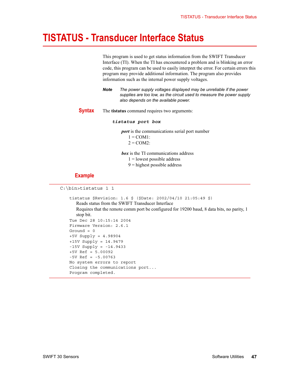 Tistatus - transducer interface status, Tistatus - transducer interface status 47 | MTS SWIFT 30 Sensor User Manual | Page 47 / 172