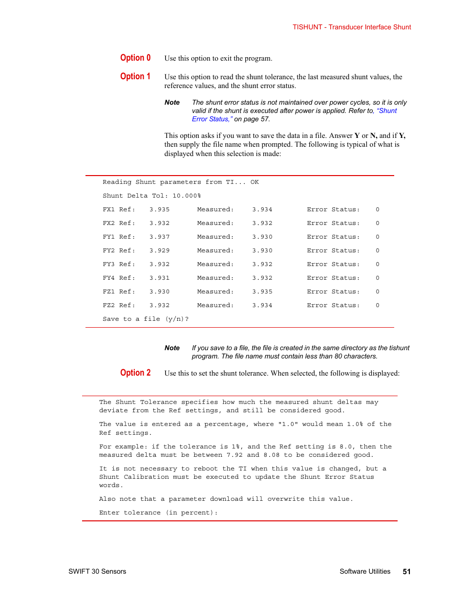 Option 0, Option 1, Option 2 | MTS SWIFT 30 Sensor User Manual | Page 51 / 172