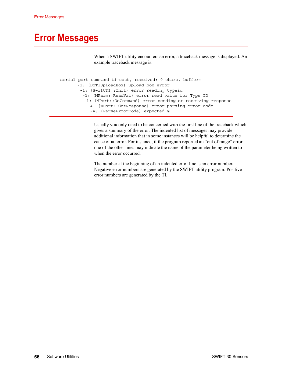 Error messages, Error messages 56 | MTS SWIFT 30 Sensor User Manual | Page 56 / 172