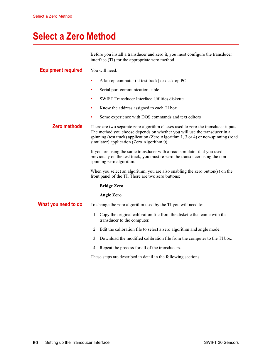 Select a zero method, Select a zero method 60 | MTS SWIFT 30 Sensor User Manual | Page 60 / 172