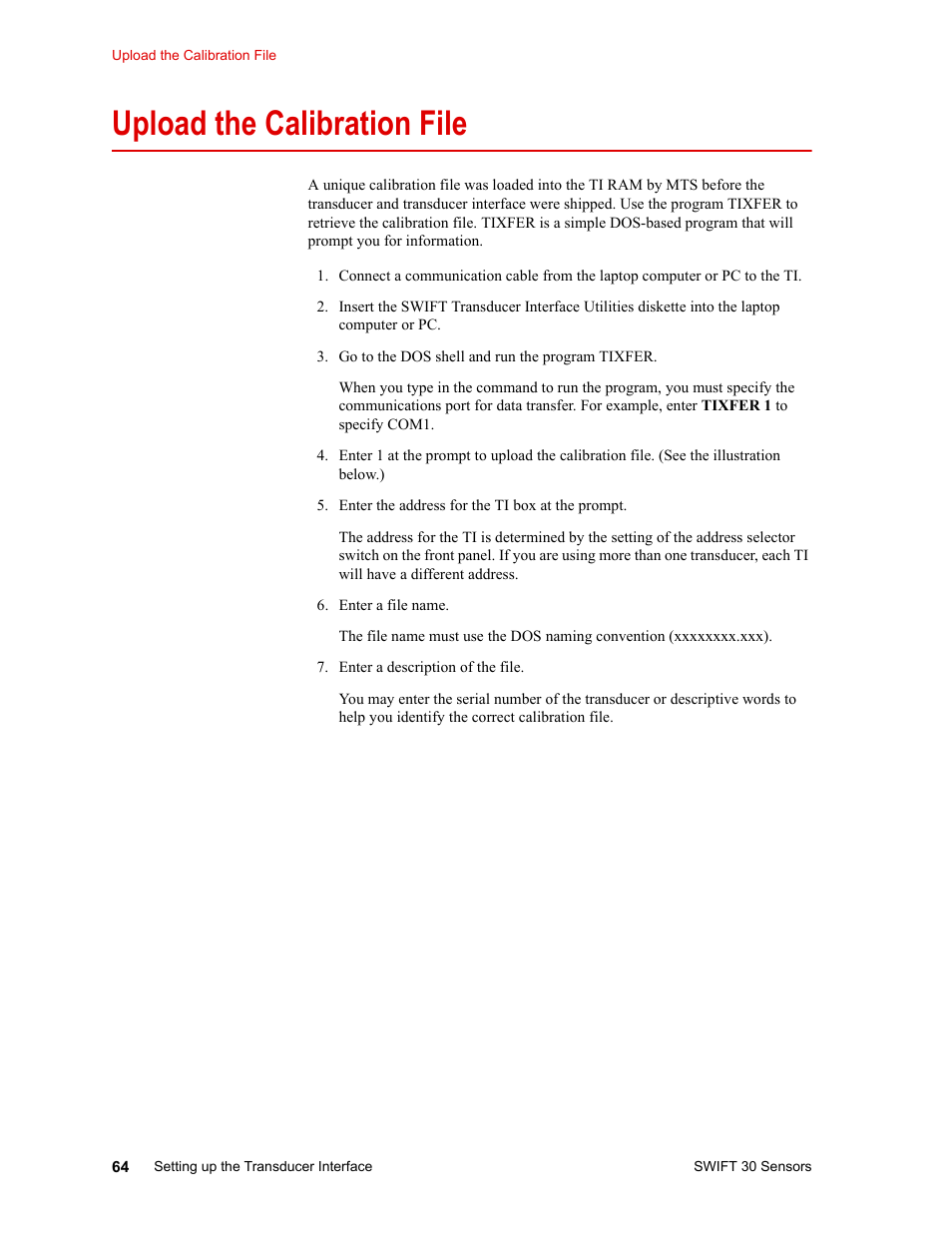 Upload the calibration file, Upload the calibration file 64 | MTS SWIFT 30 Sensor User Manual | Page 64 / 172