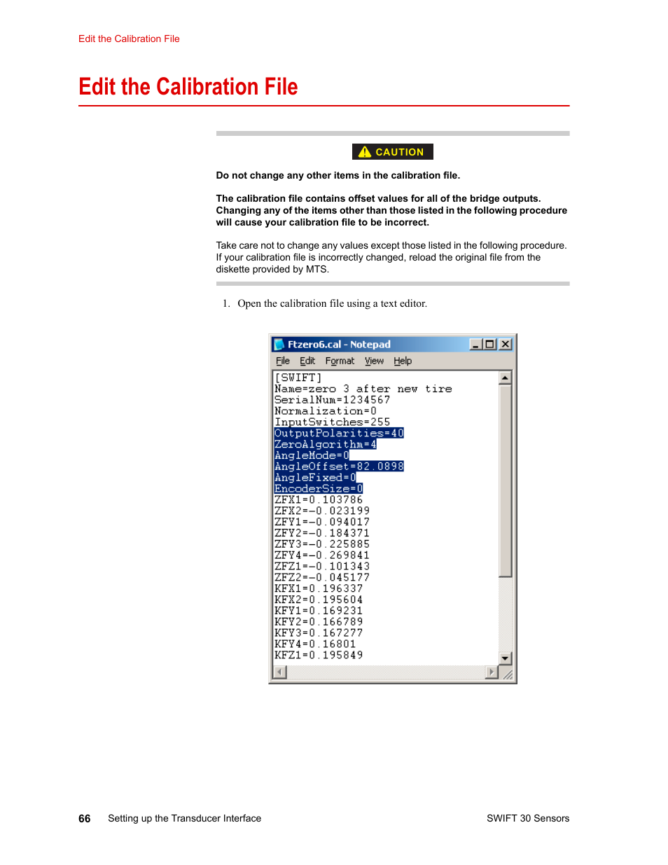 Edit the calibration file, Edit the calibration file 66 | MTS SWIFT 30 Sensor User Manual | Page 66 / 172