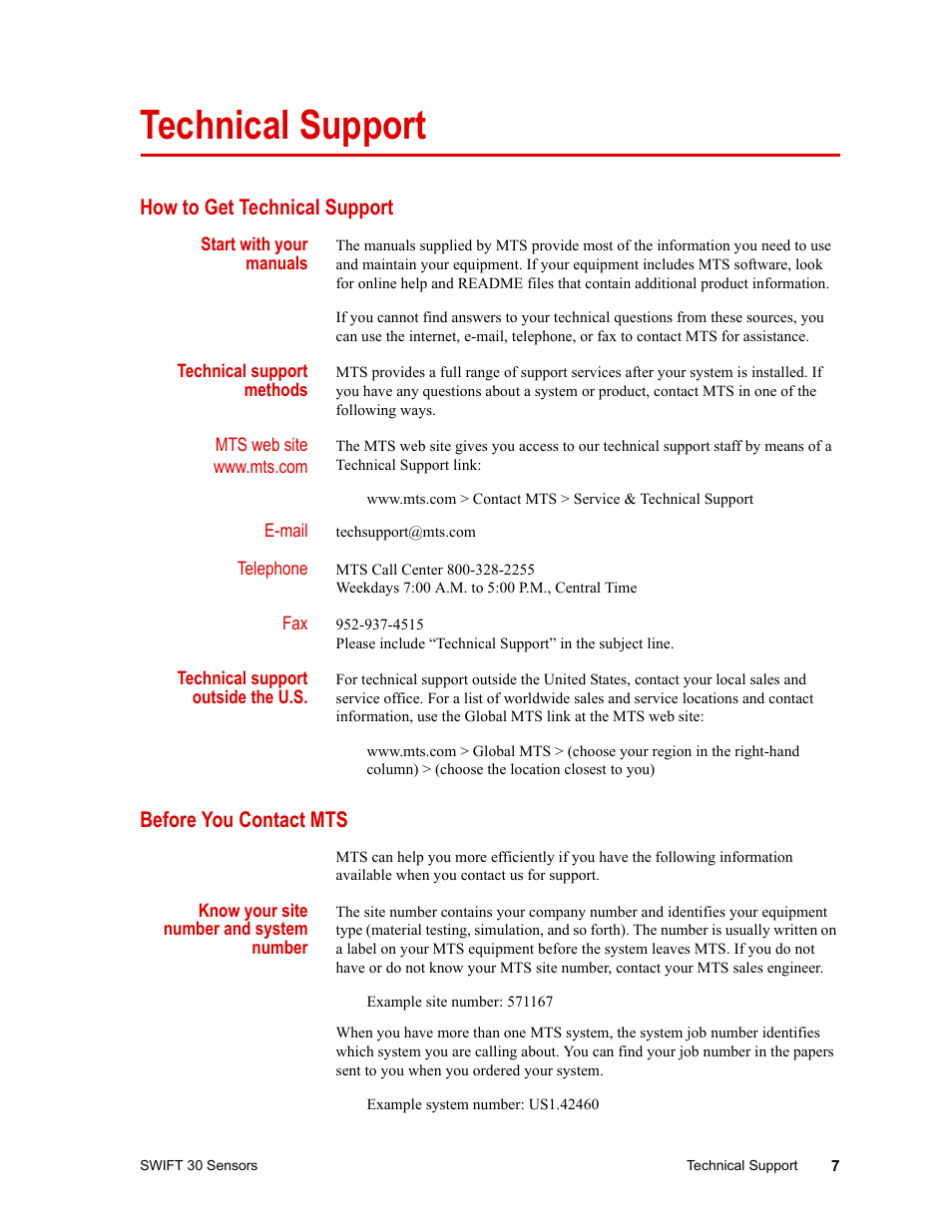 Technical support, How to get technical support, Before you contact mts | Technical support 7 | MTS SWIFT 30 Sensor User Manual | Page 7 / 172