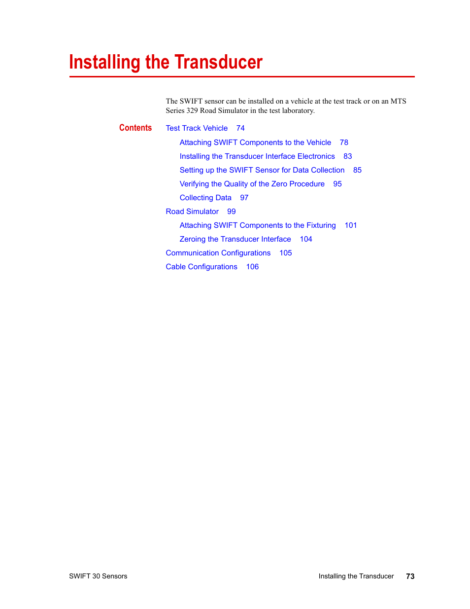 Installing the transducer, Installing the transducer 73 | MTS SWIFT 30 Sensor User Manual | Page 73 / 172