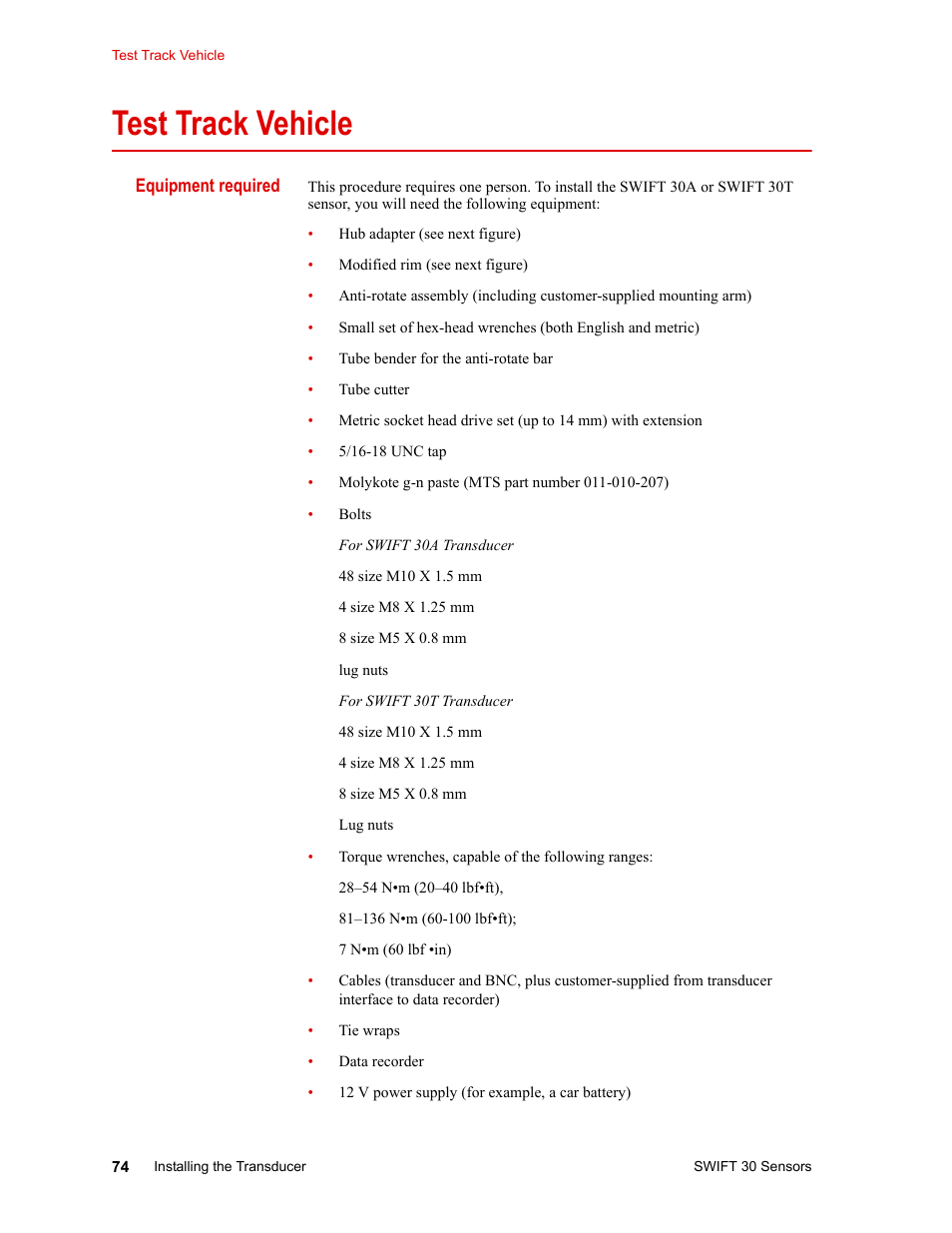 Test track vehicle, Test track vehicle 74 | MTS SWIFT 30 Sensor User Manual | Page 74 / 172