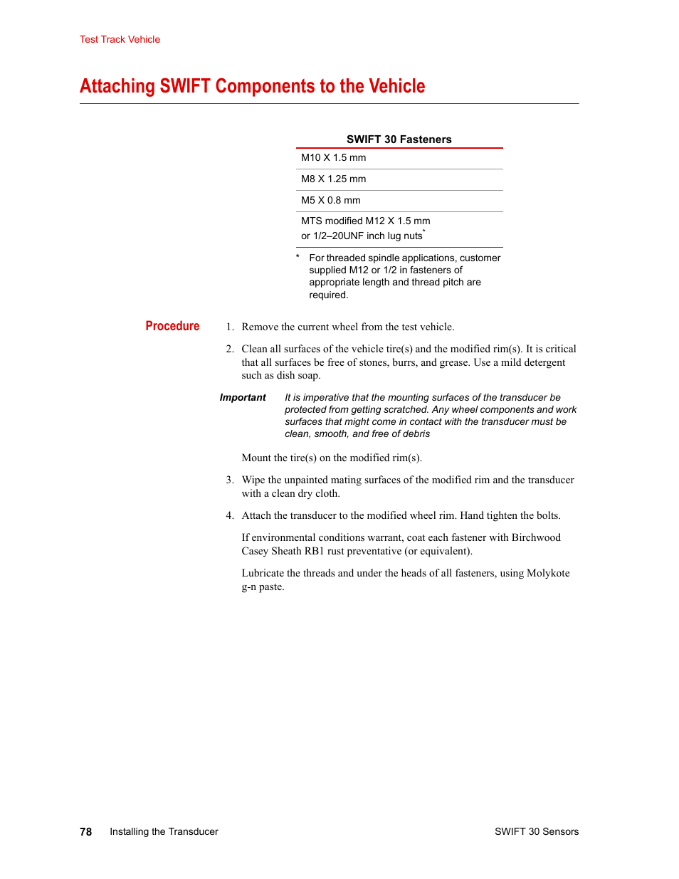 Attaching swift components to the vehicle, Attaching swift components to the vehicle 78 | MTS SWIFT 30 Sensor User Manual | Page 78 / 172