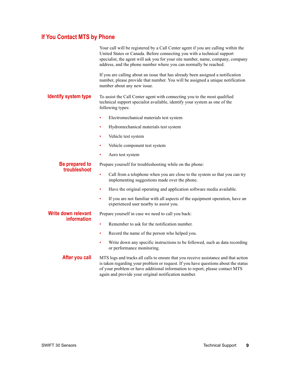 If you contact mts by phone, If you contact mts by phone 9 | MTS SWIFT 30 Sensor User Manual | Page 9 / 172