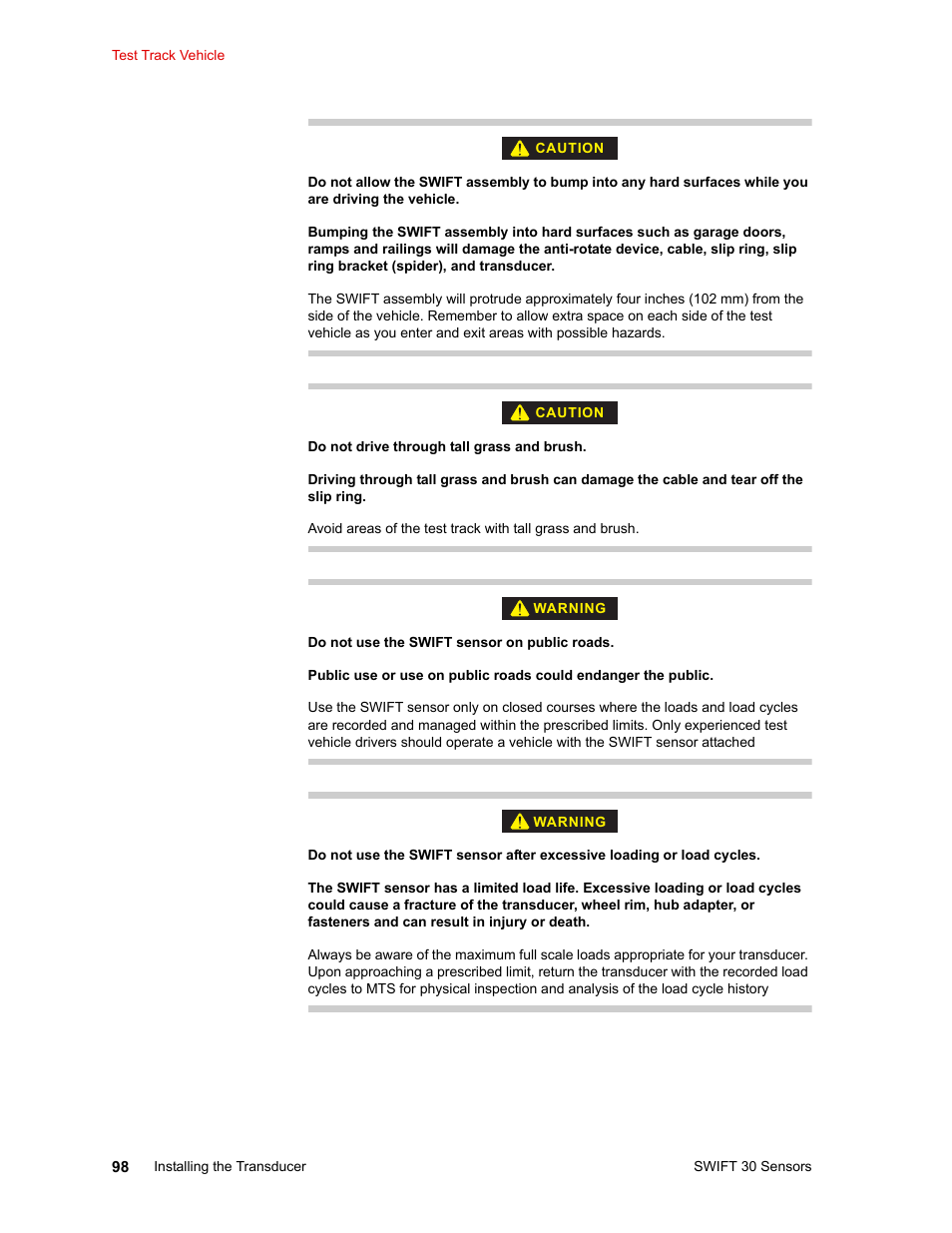 MTS SWIFT 30 Sensor User Manual | Page 98 / 172