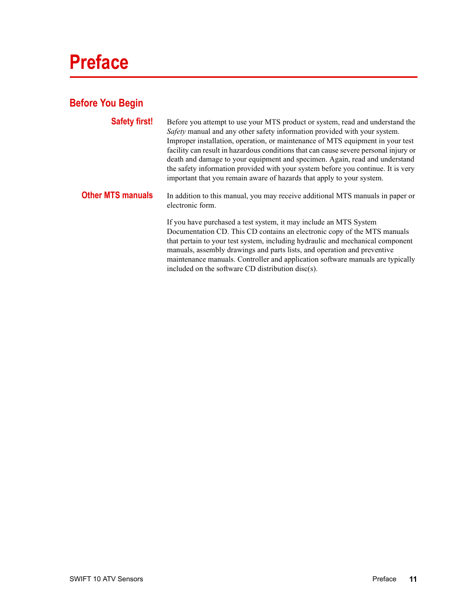 Preface, Before you begin, Safety first | Other mts manuals, Conventions 12 | MTS SWIFT 10 ATV Sensor User Manual | Page 11 / 144