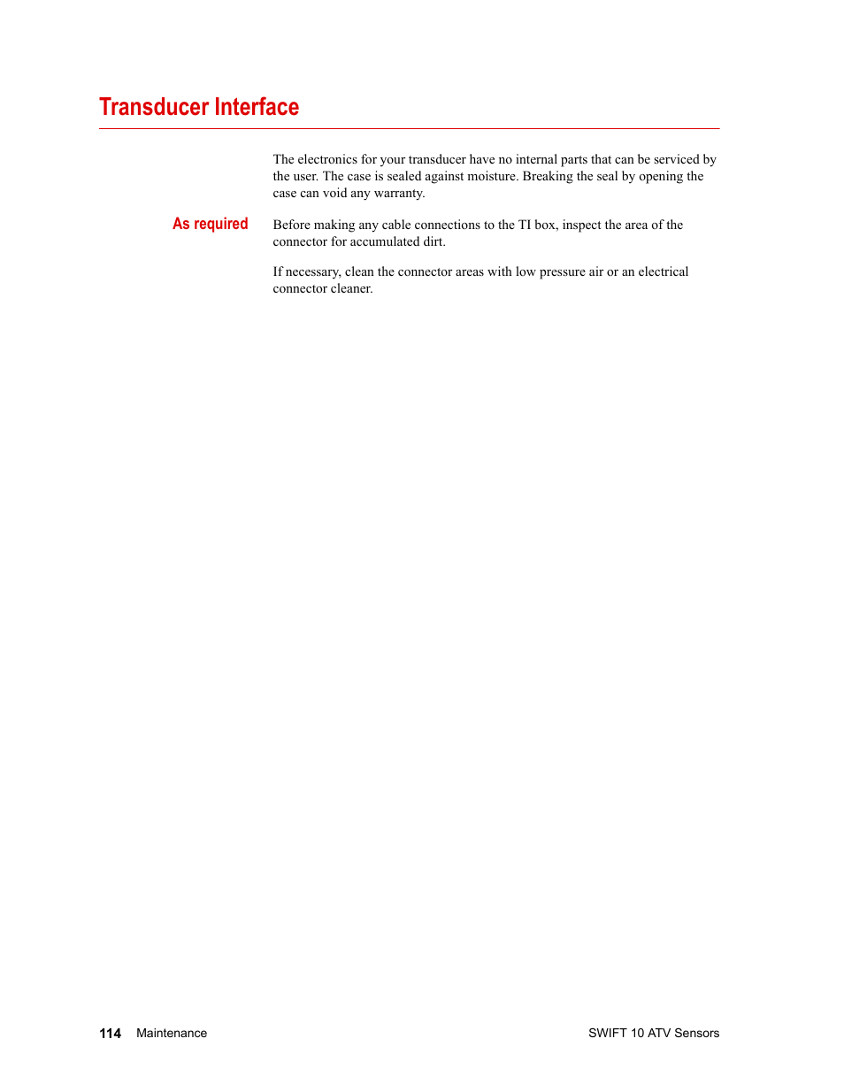 Transducer interface, As required | MTS SWIFT 10 ATV Sensor User Manual | Page 114 / 144