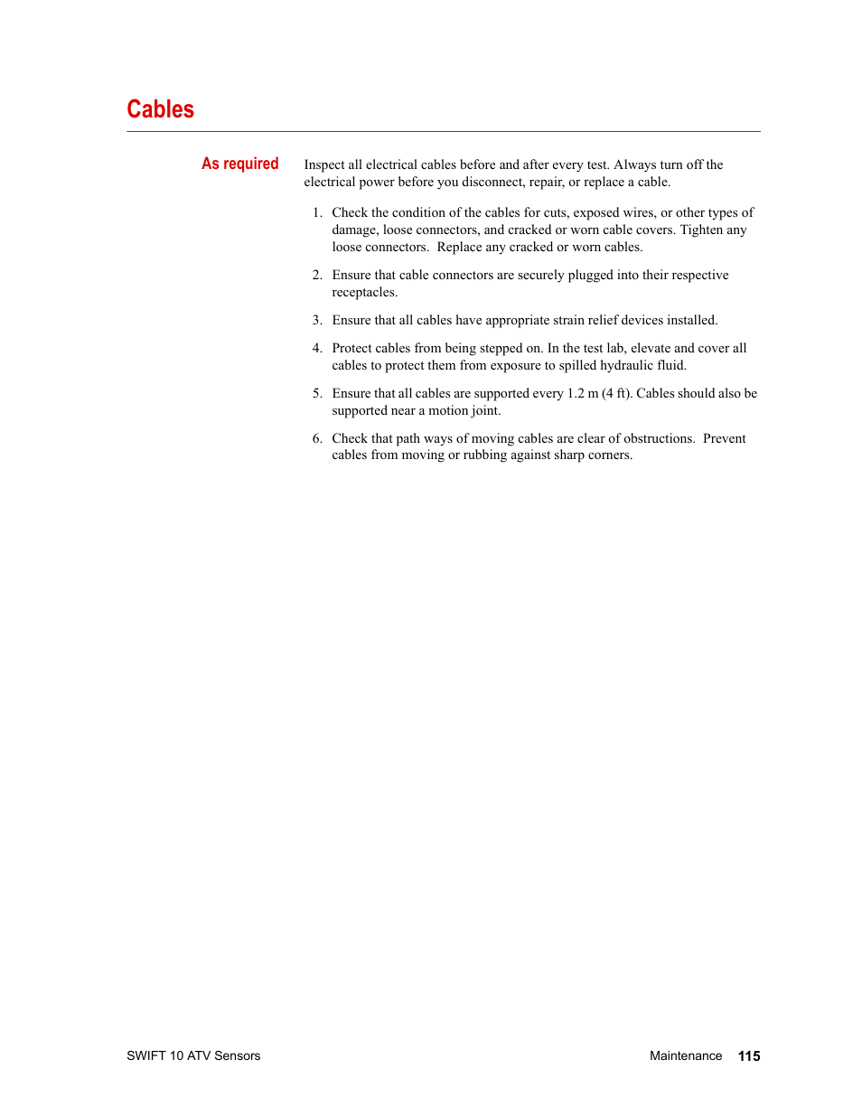 Cables, As required | MTS SWIFT 10 ATV Sensor User Manual | Page 115 / 144