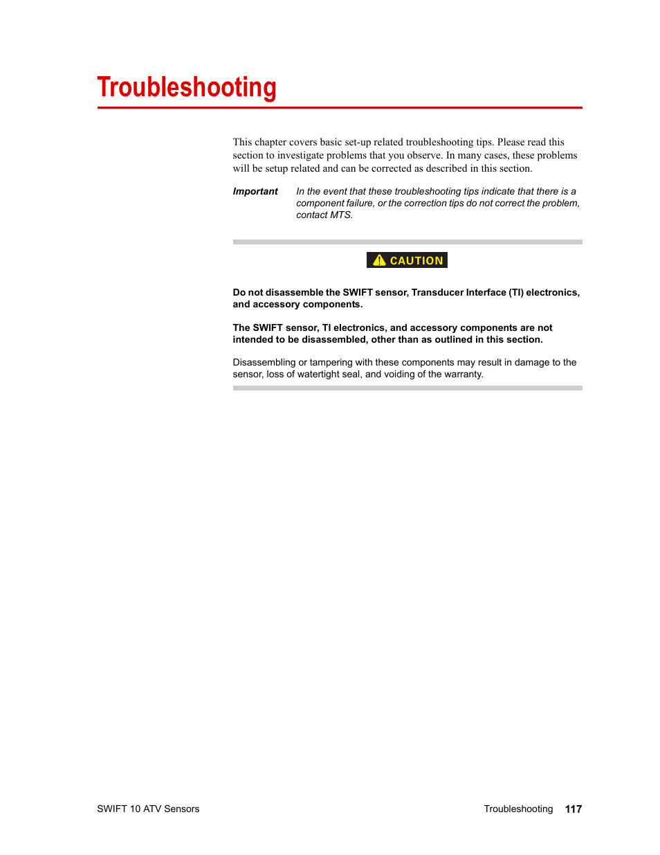 Troubleshooting | MTS SWIFT 10 ATV Sensor User Manual | Page 117 / 144