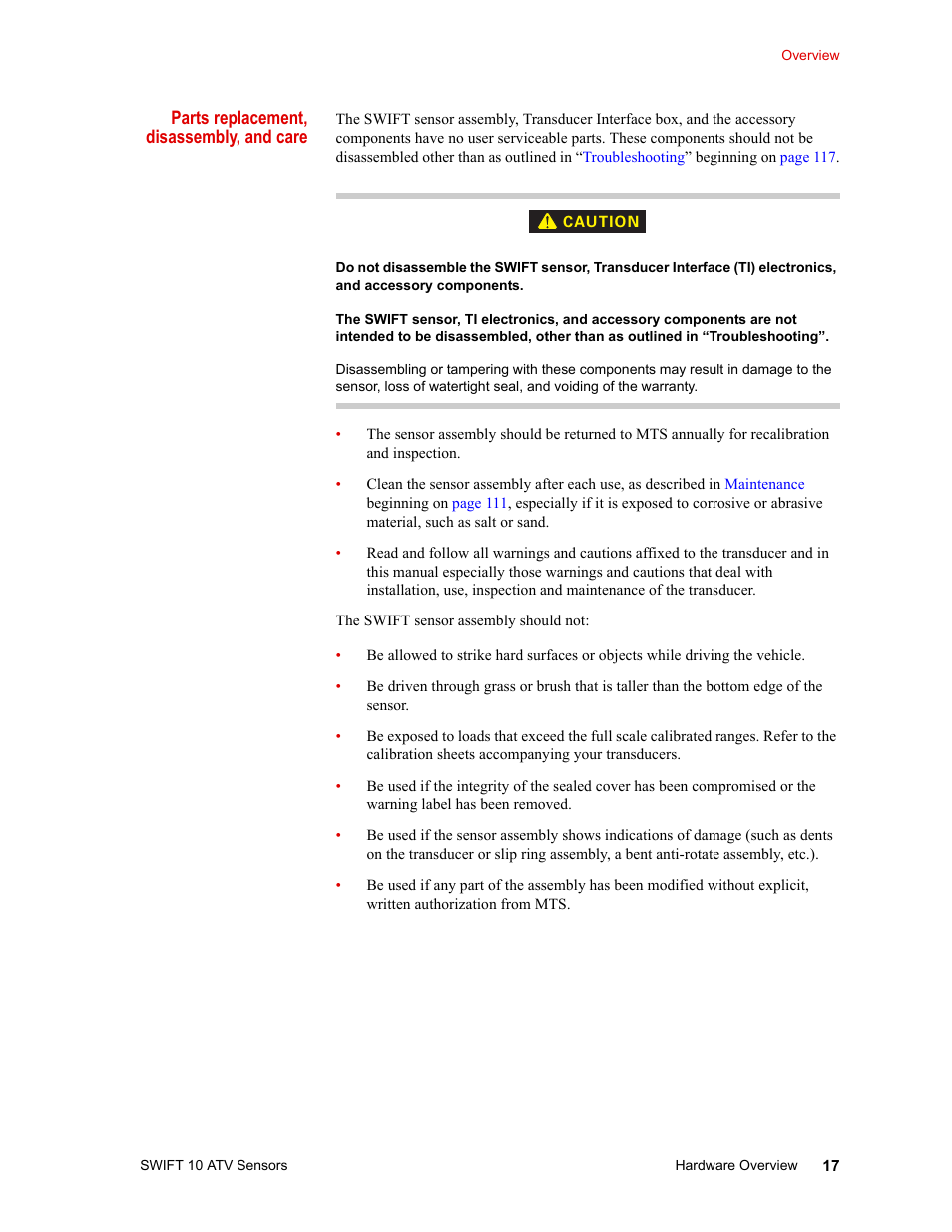 Parts replacement, disassembly, and care | MTS SWIFT 10 ATV Sensor User Manual | Page 17 / 144