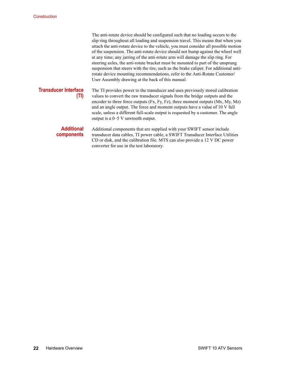 Transducer interface (ti), Additional components | MTS SWIFT 10 ATV Sensor User Manual | Page 22 / 144