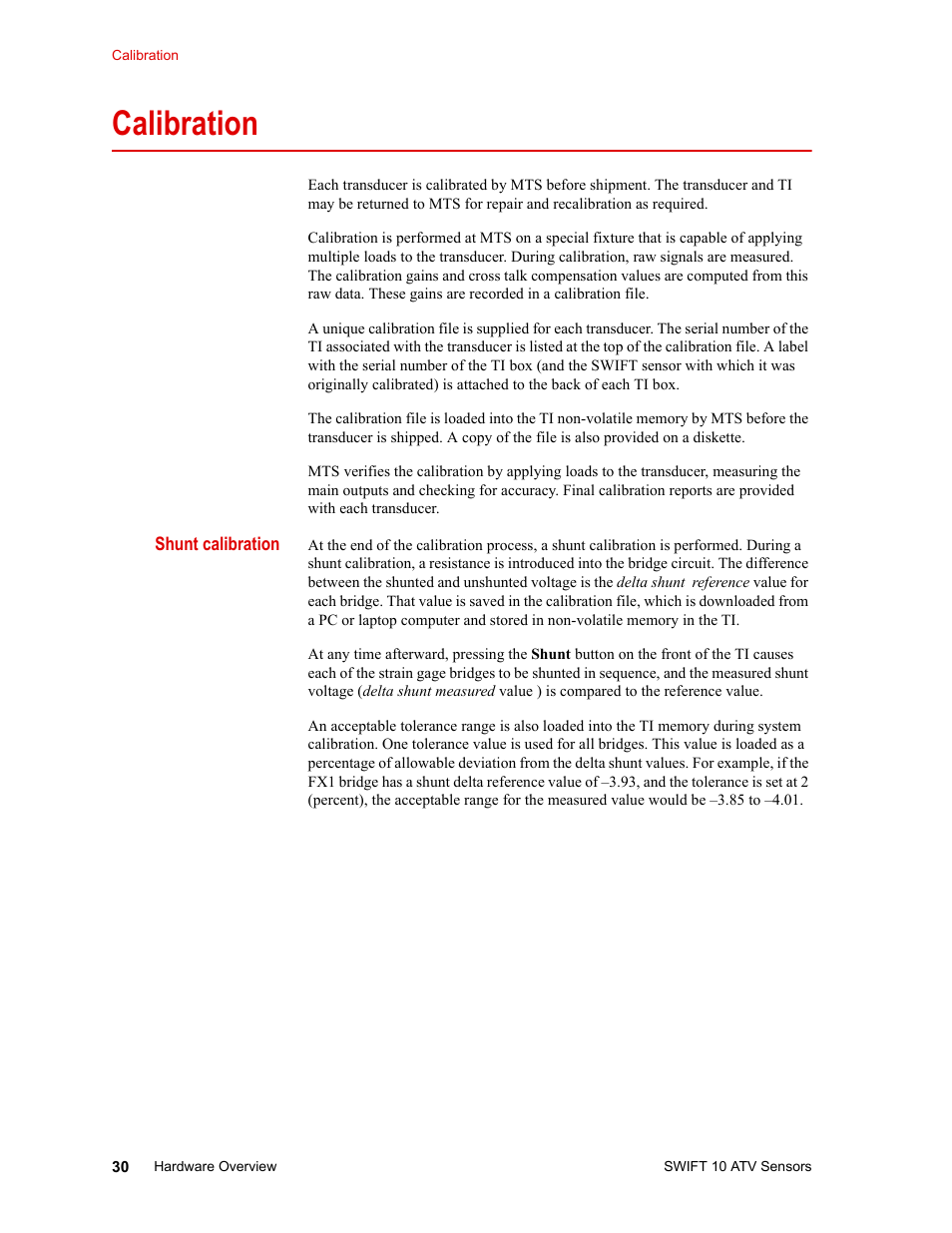 Calibration, Shunt calibration, Ti rear panel 36 | Calibration 30 | MTS SWIFT 10 ATV Sensor User Manual | Page 30 / 144