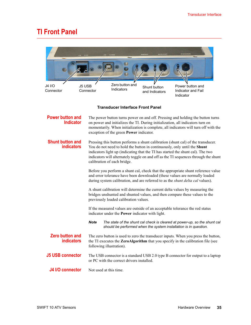 Ti front panel, Power button and indicator, Shunt button and indicators | Zero button and indicators, J5 usb connector, J4 i/o connector, Ti front panel 35 | MTS SWIFT 10 ATV Sensor User Manual | Page 35 / 144