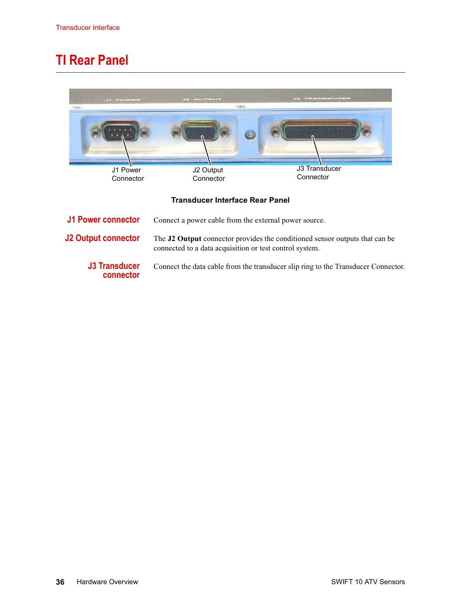 Ti rear panel, J1 power connector, J2 output connector | J3 transducer connector, Software utilities 39, Ti rear panel 36 | MTS SWIFT 10 ATV Sensor User Manual | Page 36 / 144