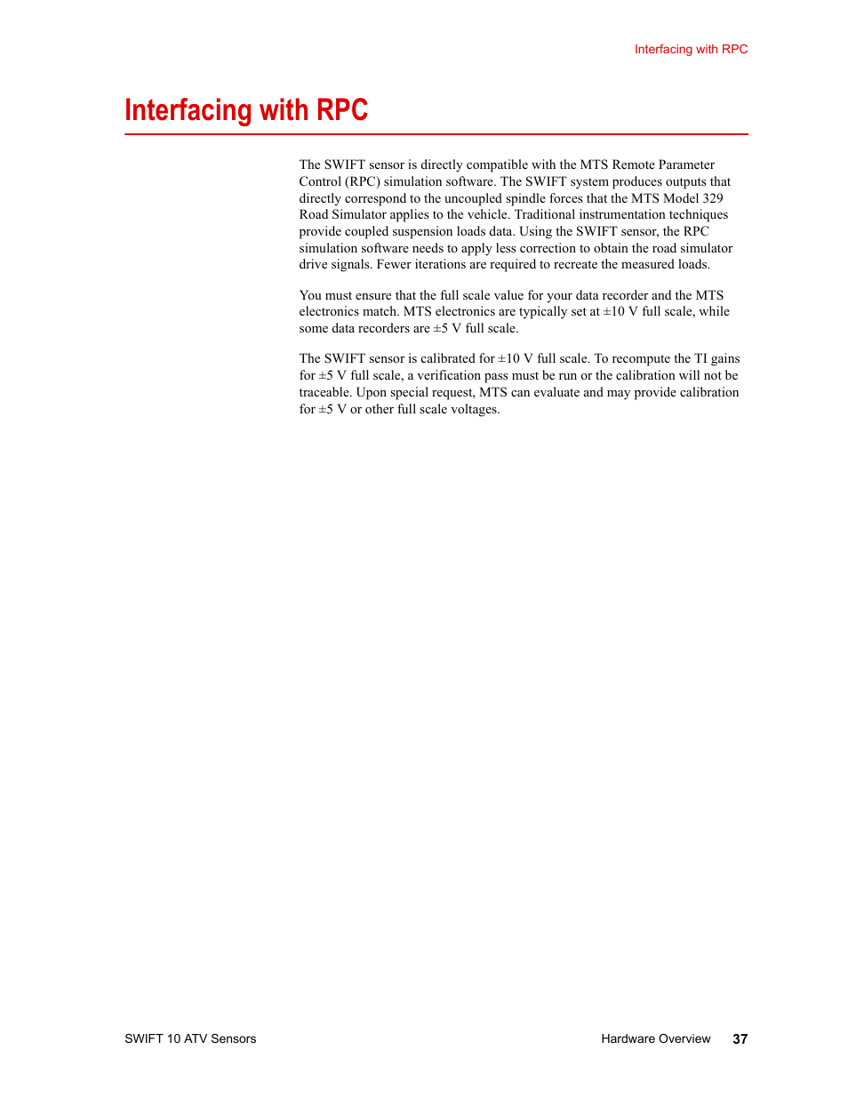 Interfacing with rpc, Interfacing with rpc 37 | MTS SWIFT 10 ATV Sensor User Manual | Page 37 / 144