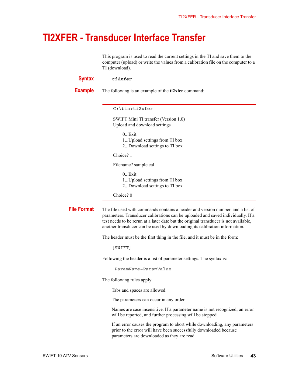 Ti2xfer - transducer interface transfer, Syntax, Example | File format, Error messages 49, Ti2xfer - transducer interface transfer 43 | MTS SWIFT 10 ATV Sensor User Manual | Page 43 / 144