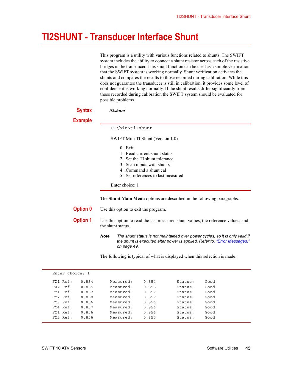 Ti2shunt - transducer interface shunt, Syntax, Example | Option 0, Option 1, Setting up the transducer interface 51, Ti2shunt - transducer interface shunt 45 | MTS SWIFT 10 ATV Sensor User Manual | Page 45 / 144
