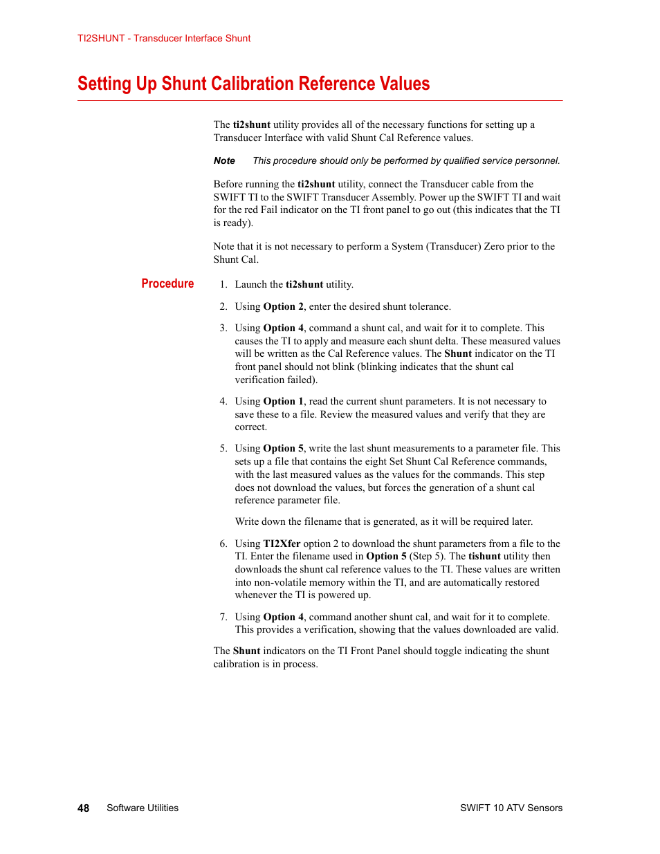 Setting up shunt calibration reference values, Procedure, Setting up shunt calibration reference values 48 | MTS SWIFT 10 ATV Sensor User Manual | Page 48 / 144
