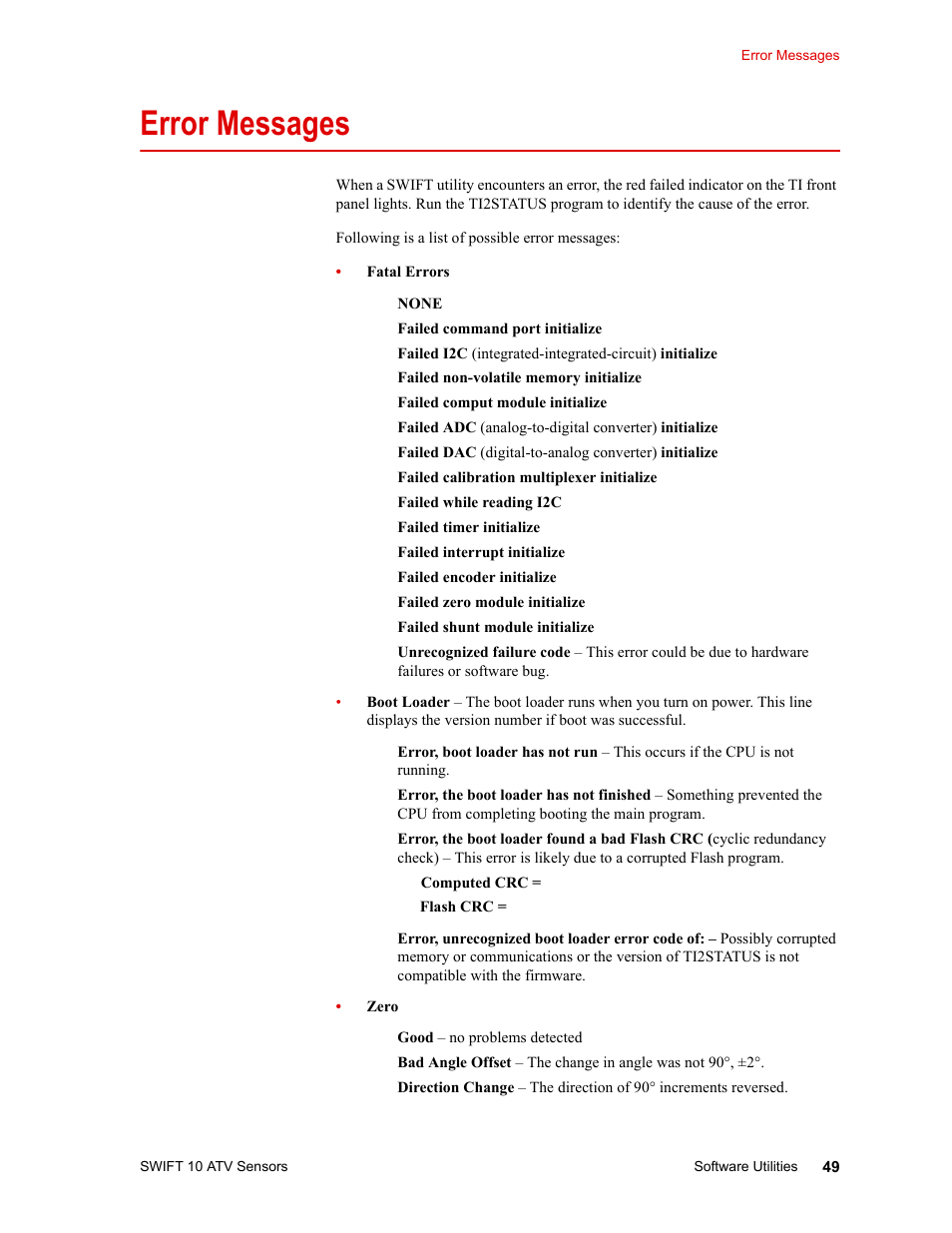 Error messages, Error messages 49, Error | Messages, Ge (see, 49 for a list of, On data (see, Fer to | MTS SWIFT 10 ATV Sensor User Manual | Page 49 / 144