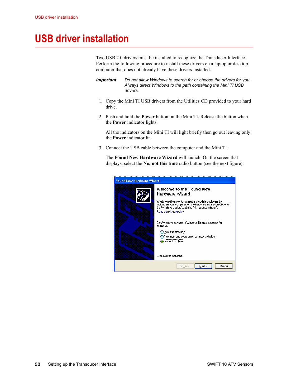 Usb driver installation, Edit the calibration file 57, Usb driver installation 52 | MTS SWIFT 10 ATV Sensor User Manual | Page 52 / 144
