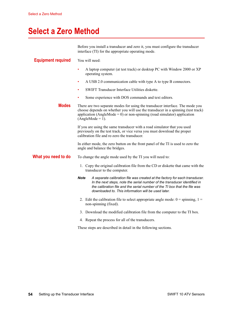 Select a zero method, Equipment required, Modes | What you need to do, Download the calibration file 60, Select a zero method 54 | MTS SWIFT 10 ATV Sensor User Manual | Page 54 / 144