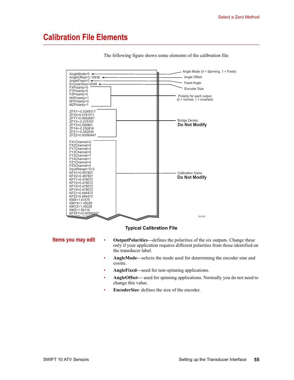 Calibration file elements, Items you may edit, Calibration file elements 55 | MTS SWIFT 10 ATV Sensor User Manual | Page 55 / 144