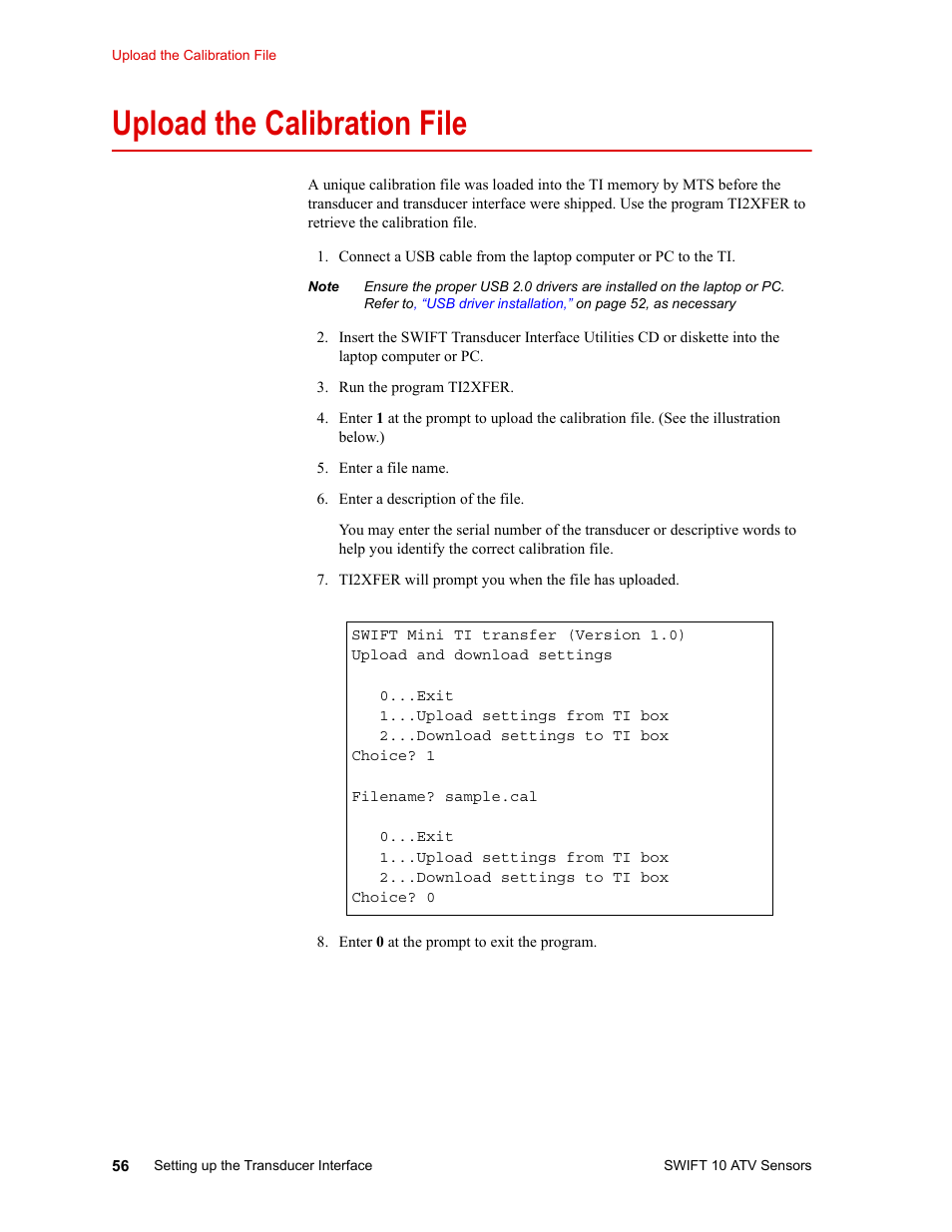 Upload the calibration file, Installing the transducer 61, Upload the calibration file 56 | MTS SWIFT 10 ATV Sensor User Manual | Page 56 / 144
