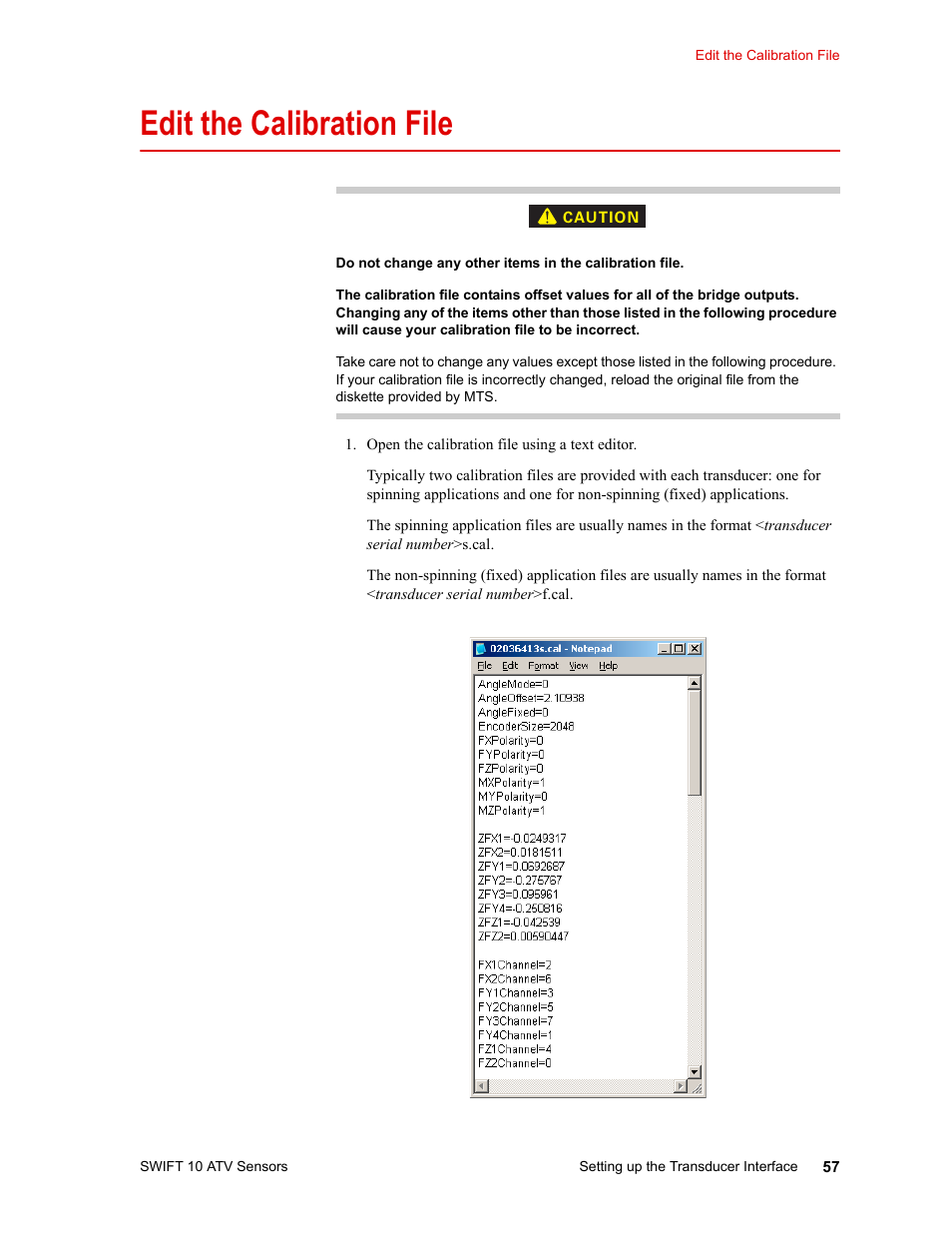 Edit the calibration file, Edit the calibration file 57 | MTS SWIFT 10 ATV Sensor User Manual | Page 57 / 144