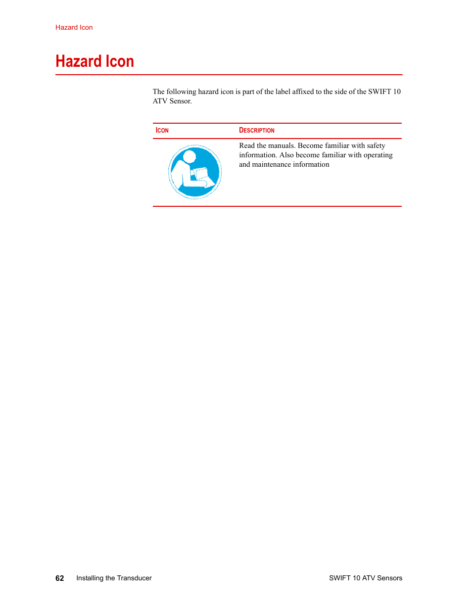 Hazard icon, Installing the transducer interface electronics 74, Hazard icon 62 | MTS SWIFT 10 ATV Sensor User Manual | Page 62 / 144