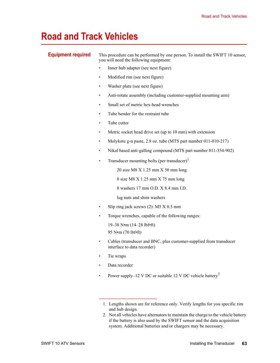 Road and track vehicles, Equipment required, Setting up the swift sensor for data collection 77 | Road and track vehicles 63 | MTS SWIFT 10 ATV Sensor User Manual | Page 63 / 144