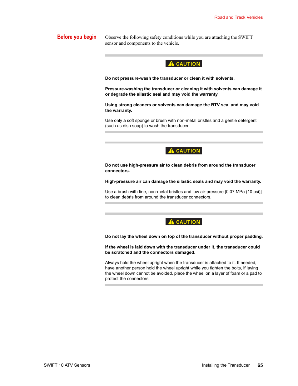 Before you begin | MTS SWIFT 10 ATV Sensor User Manual | Page 65 / 144