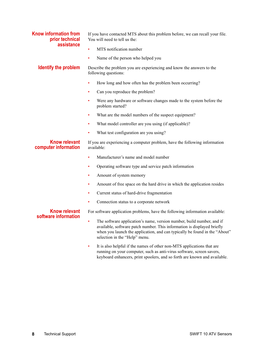 Know information from prior technical assistance, Identify the problem, Know relevant computer information | Know relevant software information | MTS SWIFT 10 ATV Sensor User Manual | Page 8 / 144