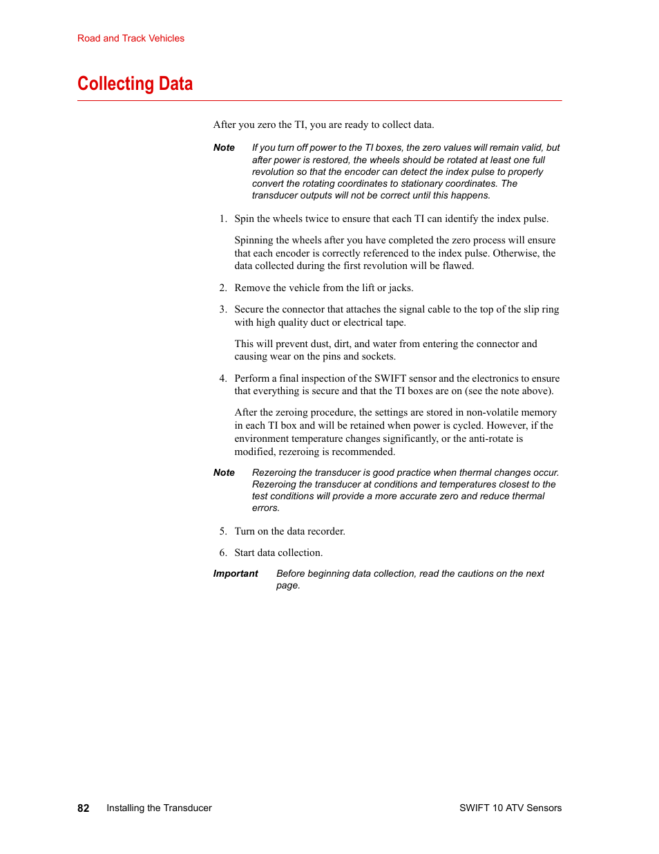 Collecting data, Collecting data 82 | MTS SWIFT 10 ATV Sensor User Manual | Page 82 / 144