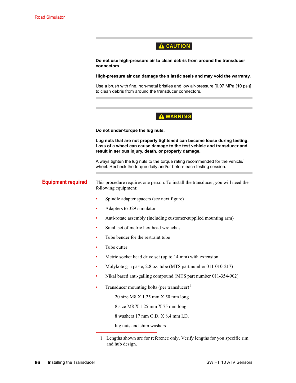 Equipment required | MTS SWIFT 10 ATV Sensor User Manual | Page 86 / 144
