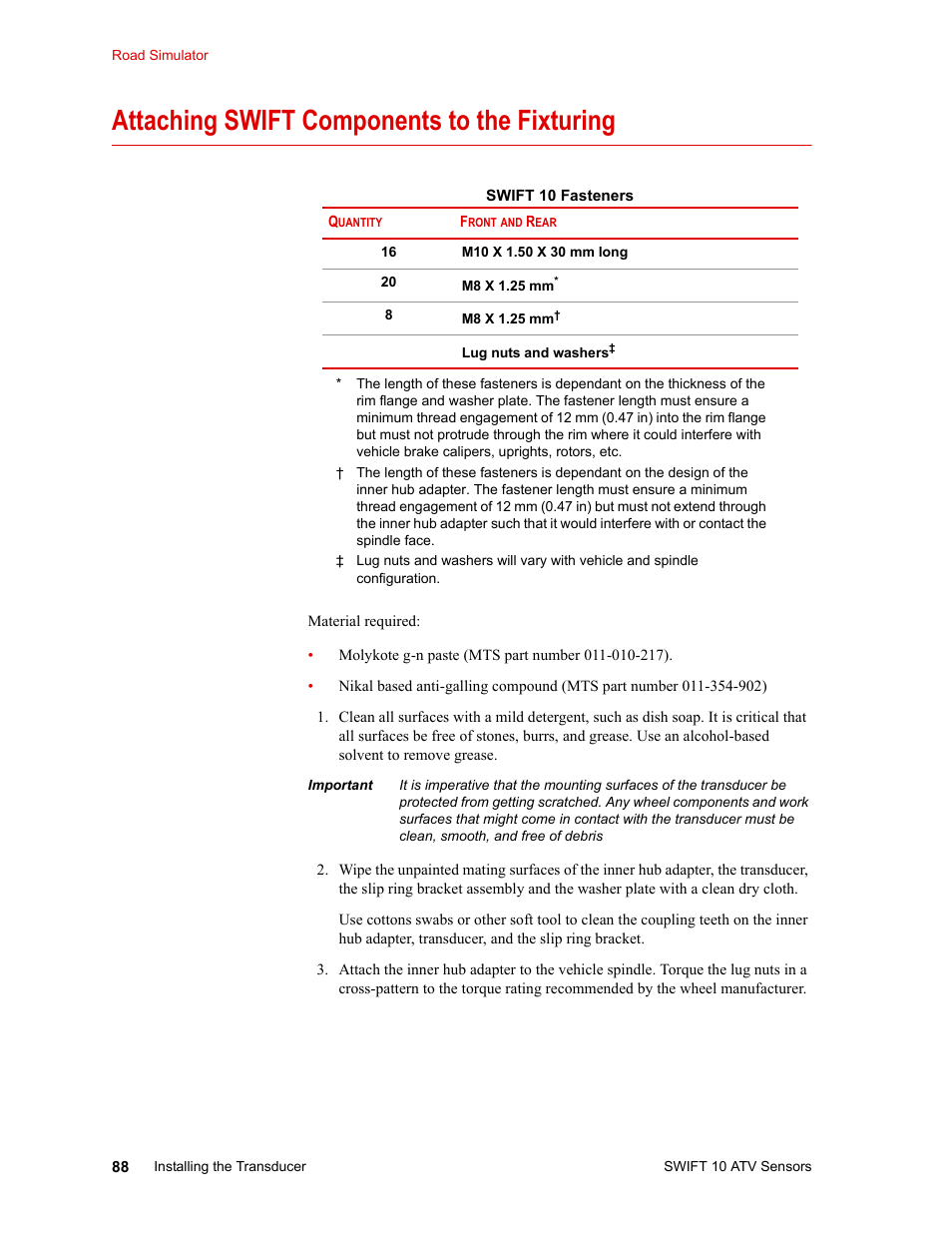 Attaching swift components to the fixturing, Attaching swift components to the fixturing 88 | MTS SWIFT 10 ATV Sensor User Manual | Page 88 / 144