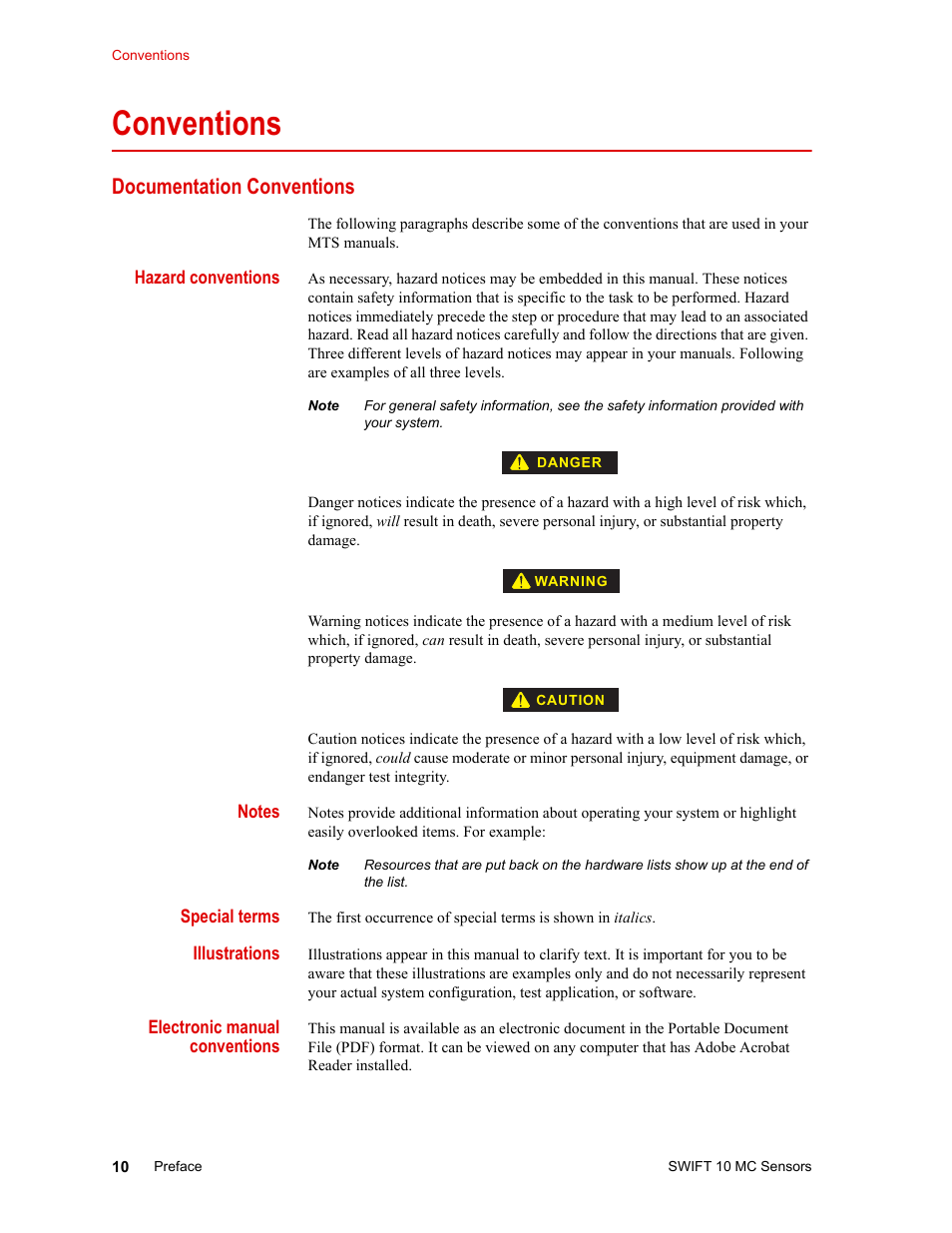 Conventions, Documentation conventions, Conventions 10 | Documentation conventions 10 | MTS SWIFT 10 MC Sensor User Manual | Page 10 / 144