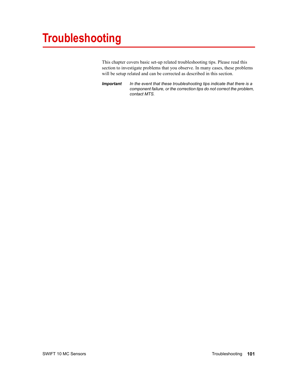 Troubleshooting, Troubleshooting 101, Apter | MTS SWIFT 10 MC Sensor User Manual | Page 101 / 144