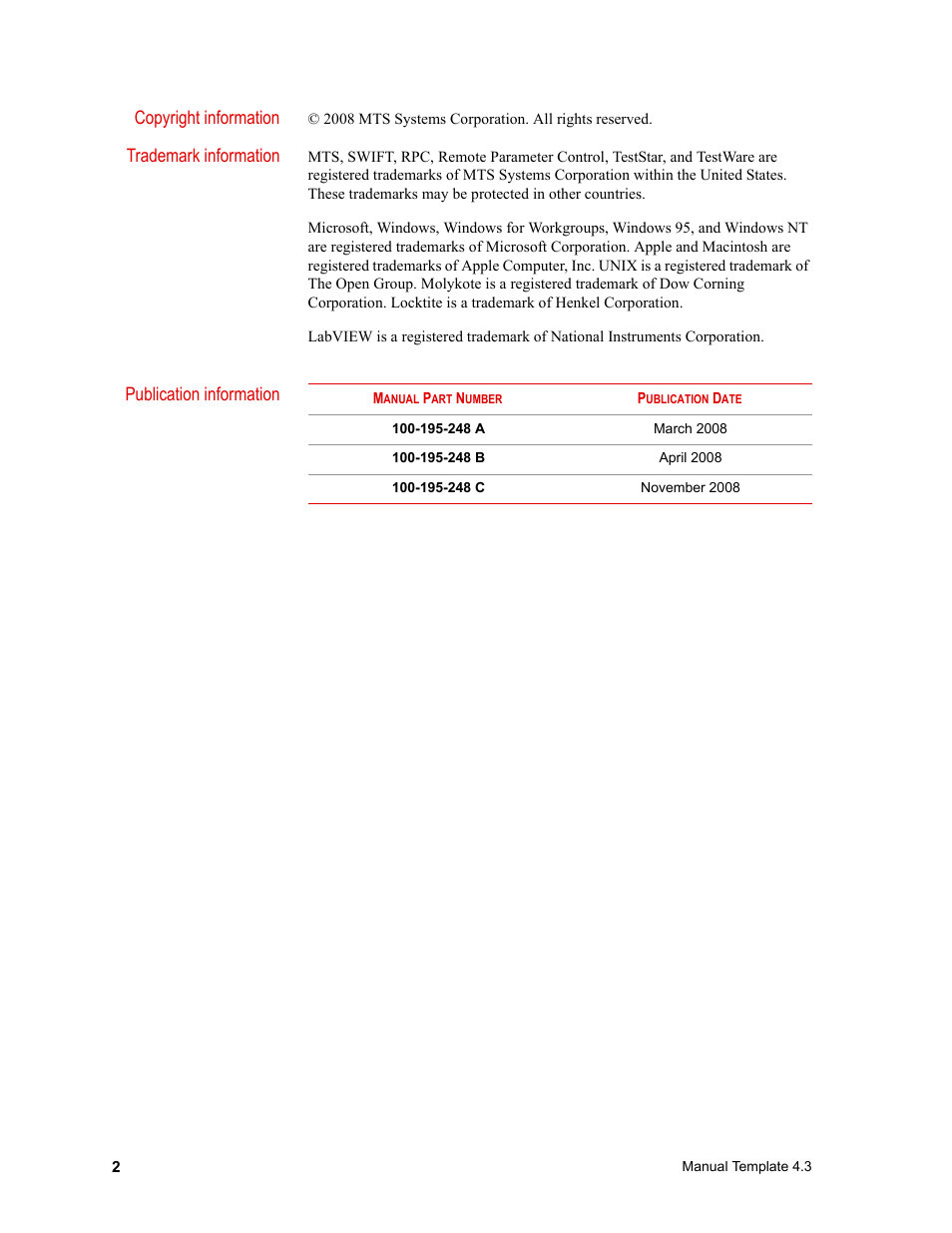 Copyright information, Trademark information, Publication information | MTS SWIFT 10 MC Sensor User Manual | Page 2 / 144