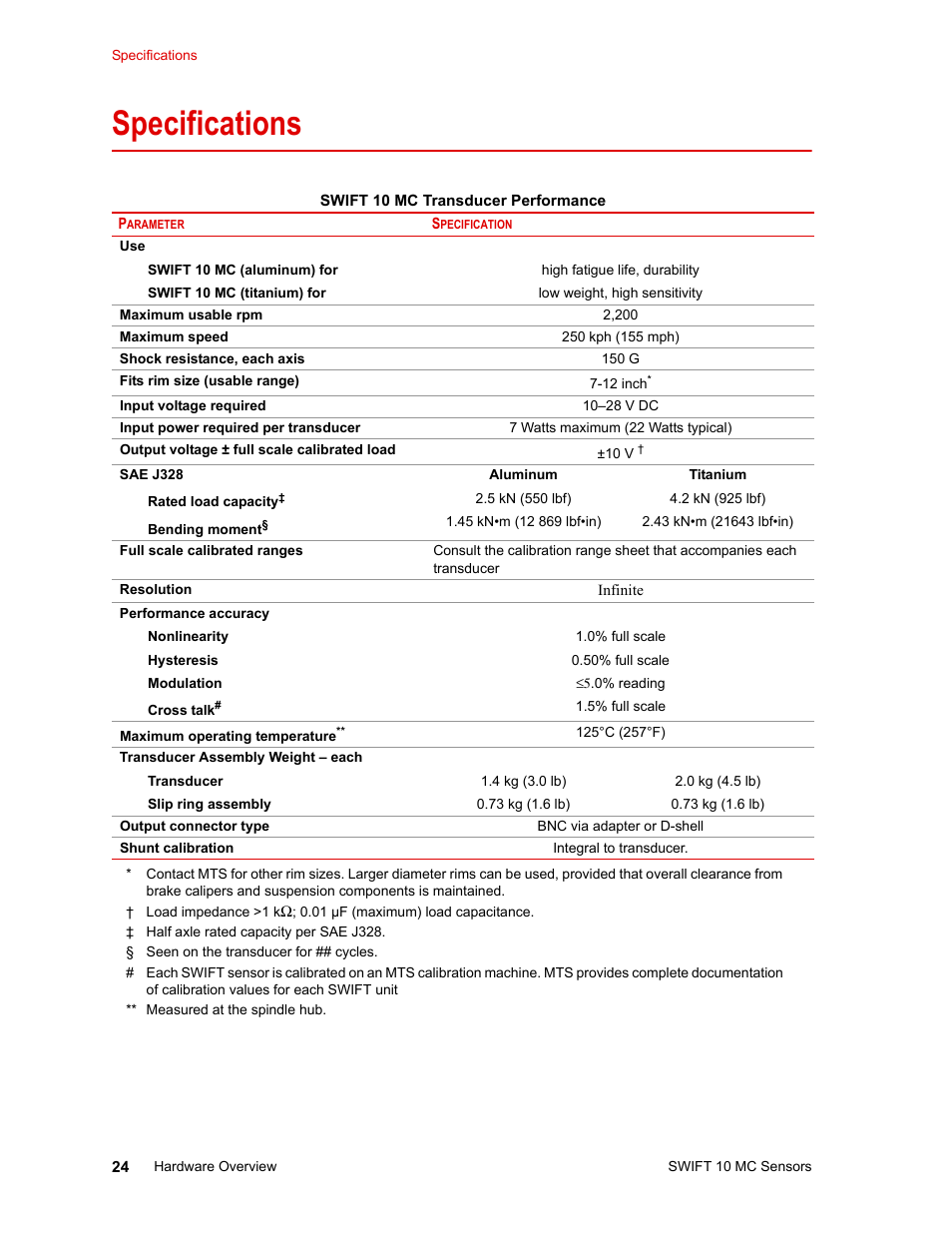 Specifications, Specifications 24 | MTS SWIFT 10 MC Sensor User Manual | Page 24 / 144