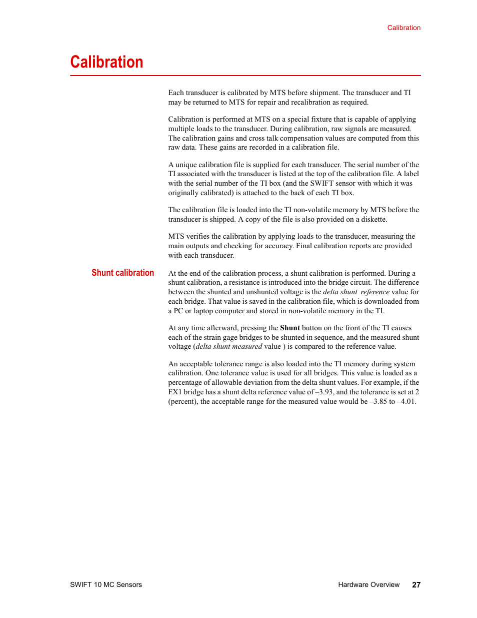Calibration, Calibration 27 | MTS SWIFT 10 MC Sensor User Manual | Page 27 / 144