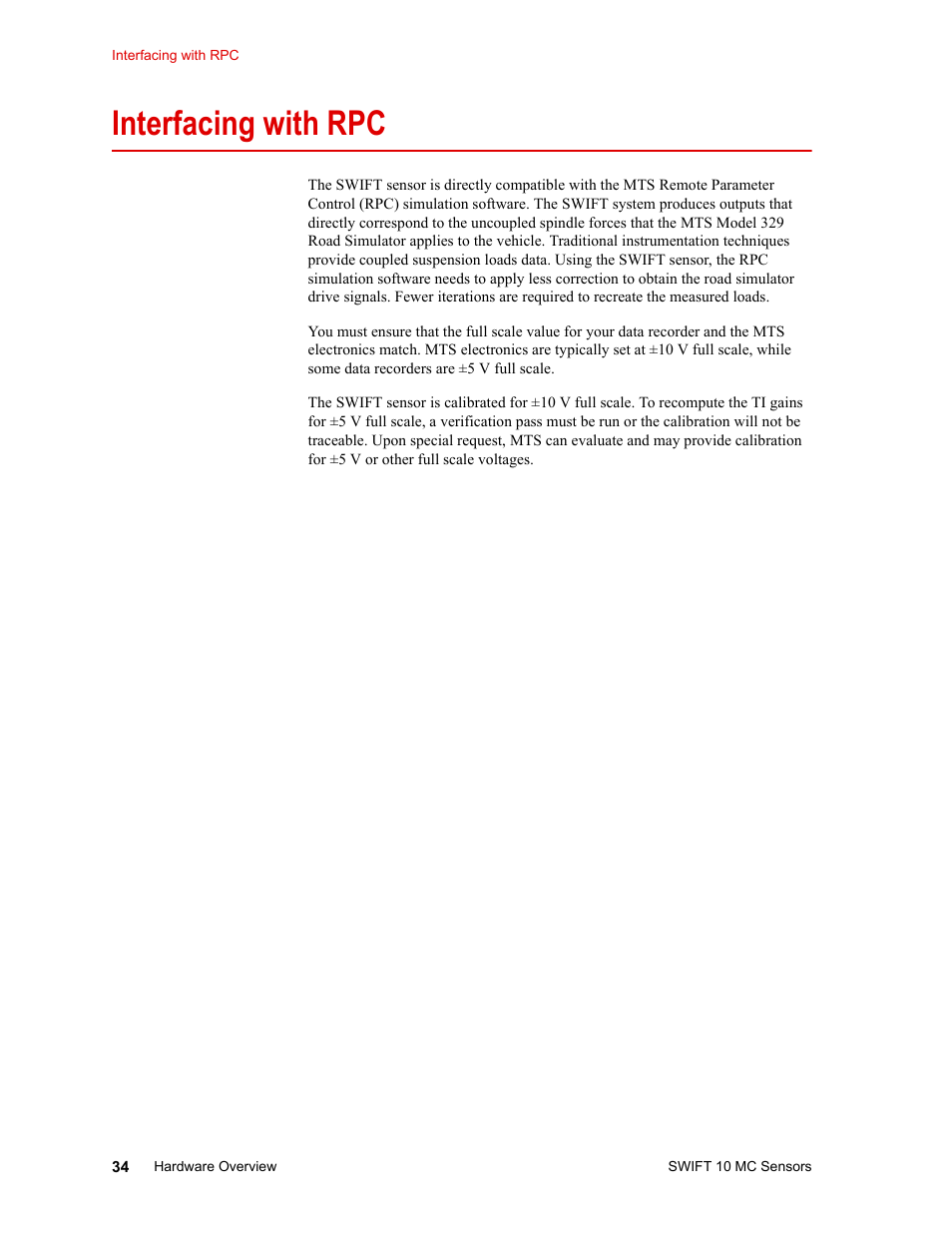 Interfacing with rpc, Interfacing with rpc 34 | MTS SWIFT 10 MC Sensor User Manual | Page 34 / 144