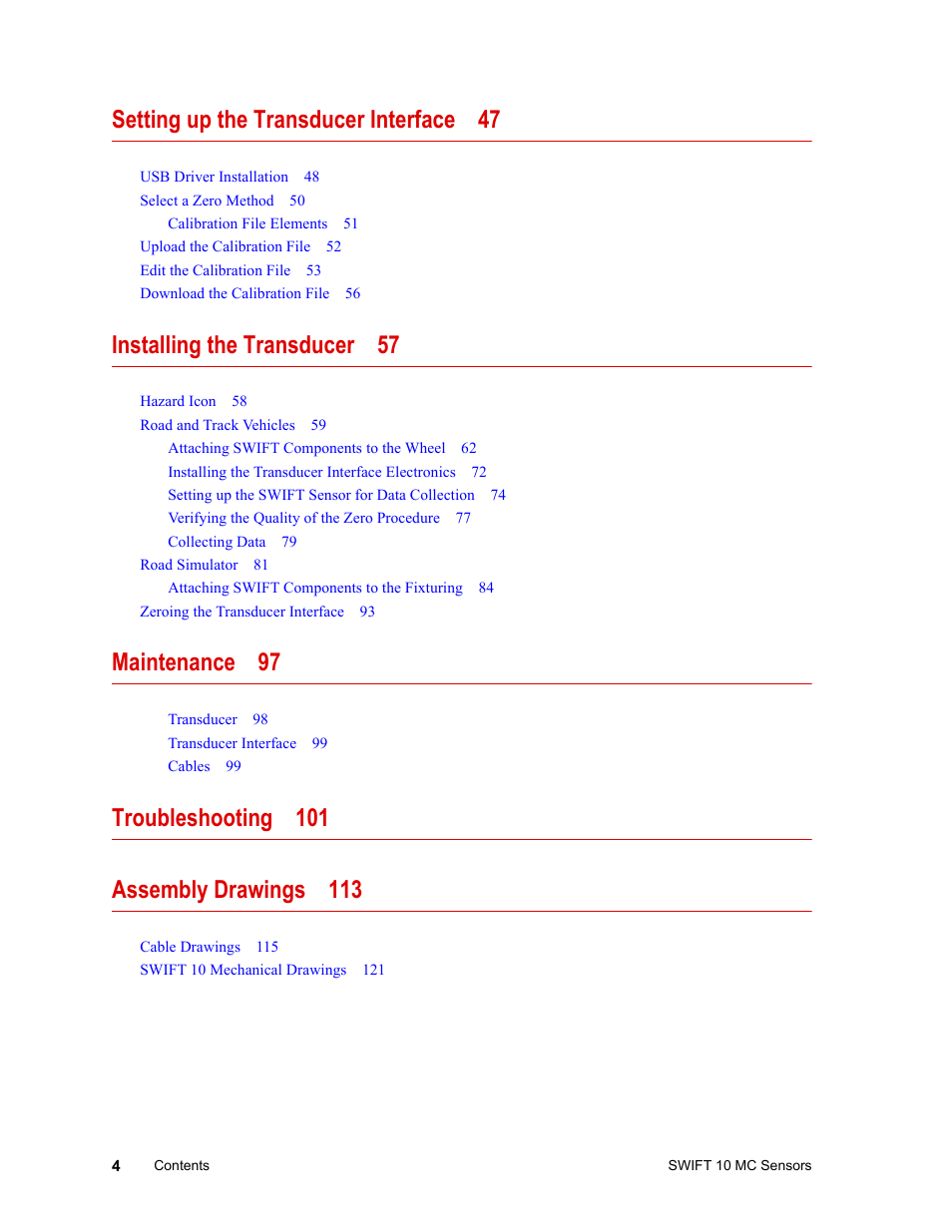 Setting up the transducer interface 47, Installing the transducer 57, Maintenance 97 | MTS SWIFT 10 MC Sensor User Manual | Page 4 / 144