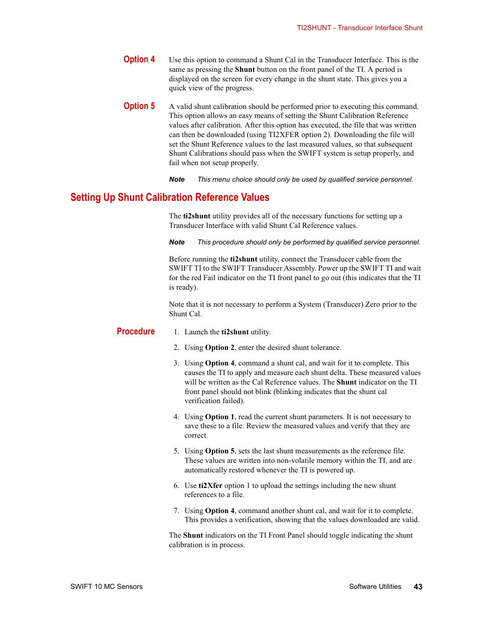 Setting up shunt calibration reference values, Setting up shunt calibration reference values 43 | MTS SWIFT 10 MC Sensor User Manual | Page 43 / 144