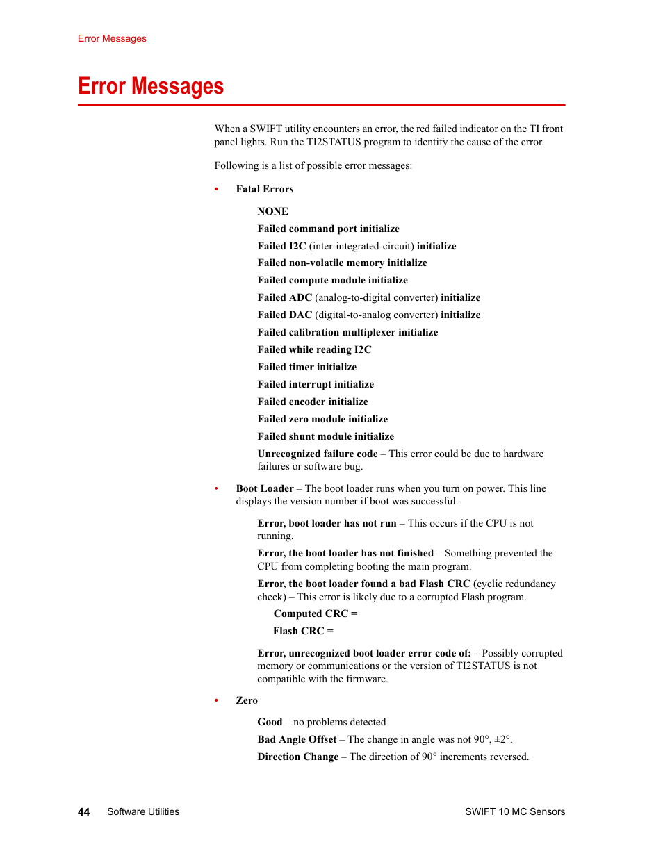 Error messages, Error messages 44, Possible reason (see | Error, Messages, Ge (see, 44 for a list of, On data (see, Fer to | MTS SWIFT 10 MC Sensor User Manual | Page 44 / 144
