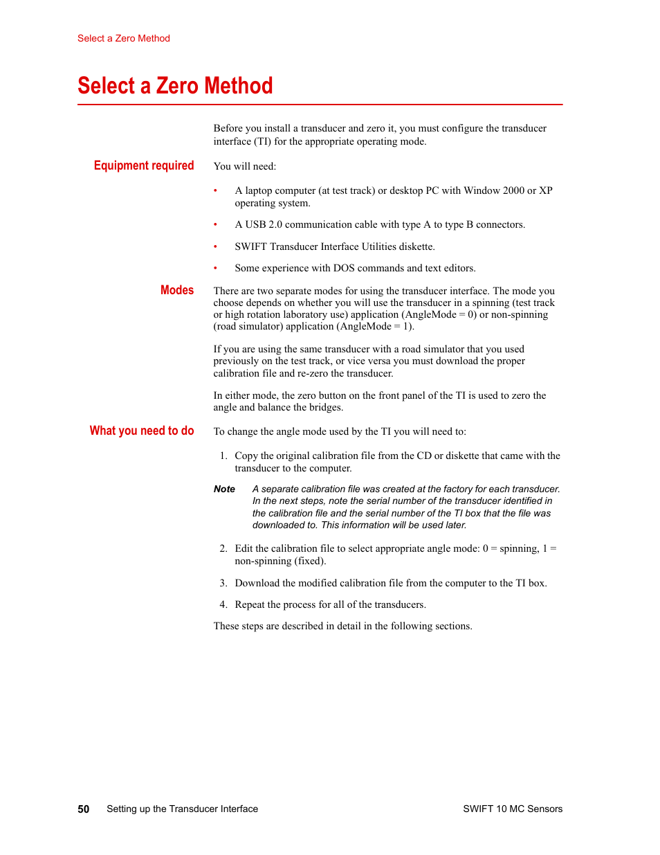 Select a zero method, Select a zero method 50 | MTS SWIFT 10 MC Sensor User Manual | Page 50 / 144