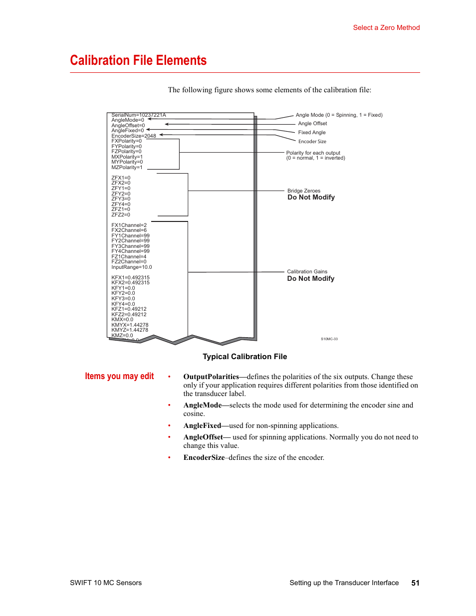Calibration file elements, Calibration file elements 51, Items you may edit | MTS SWIFT 10 MC Sensor User Manual | Page 51 / 144
