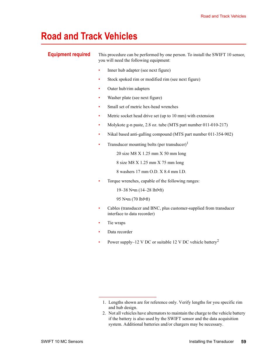 Road and track vehicles, Road and track vehicles 59 | MTS SWIFT 10 MC Sensor User Manual | Page 59 / 144